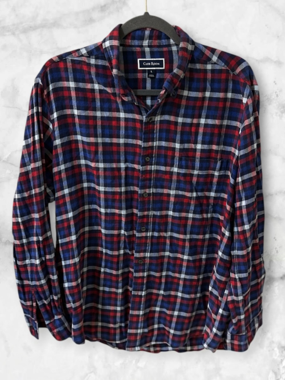 Club Room blue, red, white plaid button down flannel shirt size Large